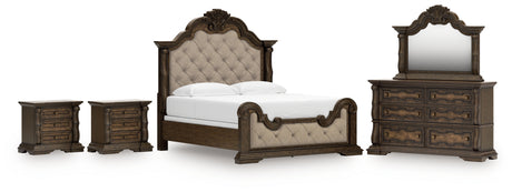Maylee Dark Brown King Upholstered Bed with Mirrored Dresser and 2 Nightstands from Ashley - Luna Furniture
