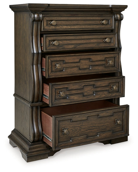 Maylee Dark Brown King Upholstered Bed with Mirrored Dresser and Chest from Ashley Furniture - Luna Furniture