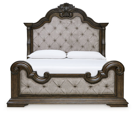 Maylee Dark Brown King Upholstered Bed with Mirrored Dresser, Chest and Nightstand from Ashley - Luna Furniture