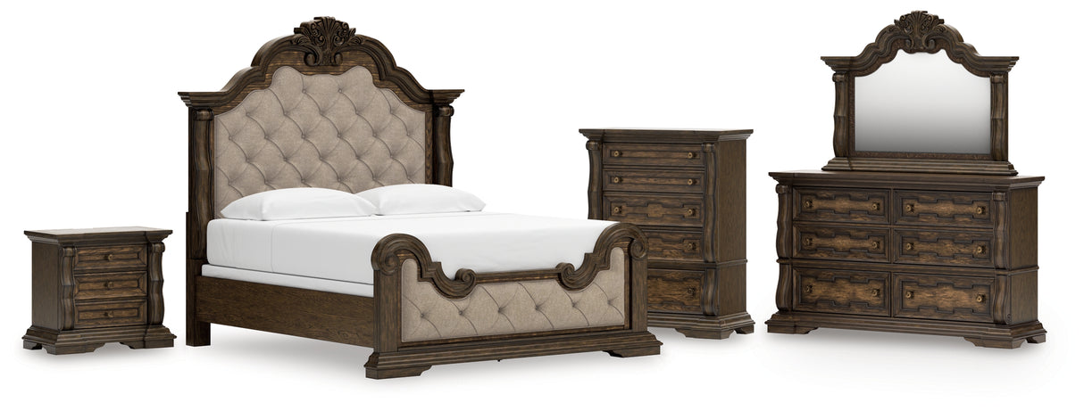 Maylee Dark Brown King Upholstered Bed with Mirrored Dresser, Chest and Nightstand from Ashley - Luna Furniture