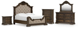 Maylee Dark Brown King Upholstered Bed with Mirrored Dresser, Chest and Nightstand from Ashley - Luna Furniture