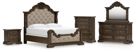 Maylee Dark Brown King Upholstered Bed with Mirrored Dresser, Chest and Nightstand from Ashley - Luna Furniture