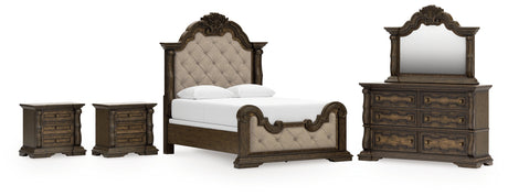 Maylee Dark Brown Queen Upholstered Bed with Mirrored Dresser and 2 Nightstands from Ashley - Luna Furniture