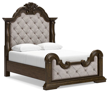 Maylee Dark Brown Queen Upholstered Bed with Mirrored Dresser and Chest from Ashley - Luna Furniture