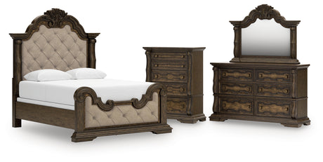 Maylee Dark Brown Queen Upholstered Bed with Mirrored Dresser and Chest from Ashley - Luna Furniture