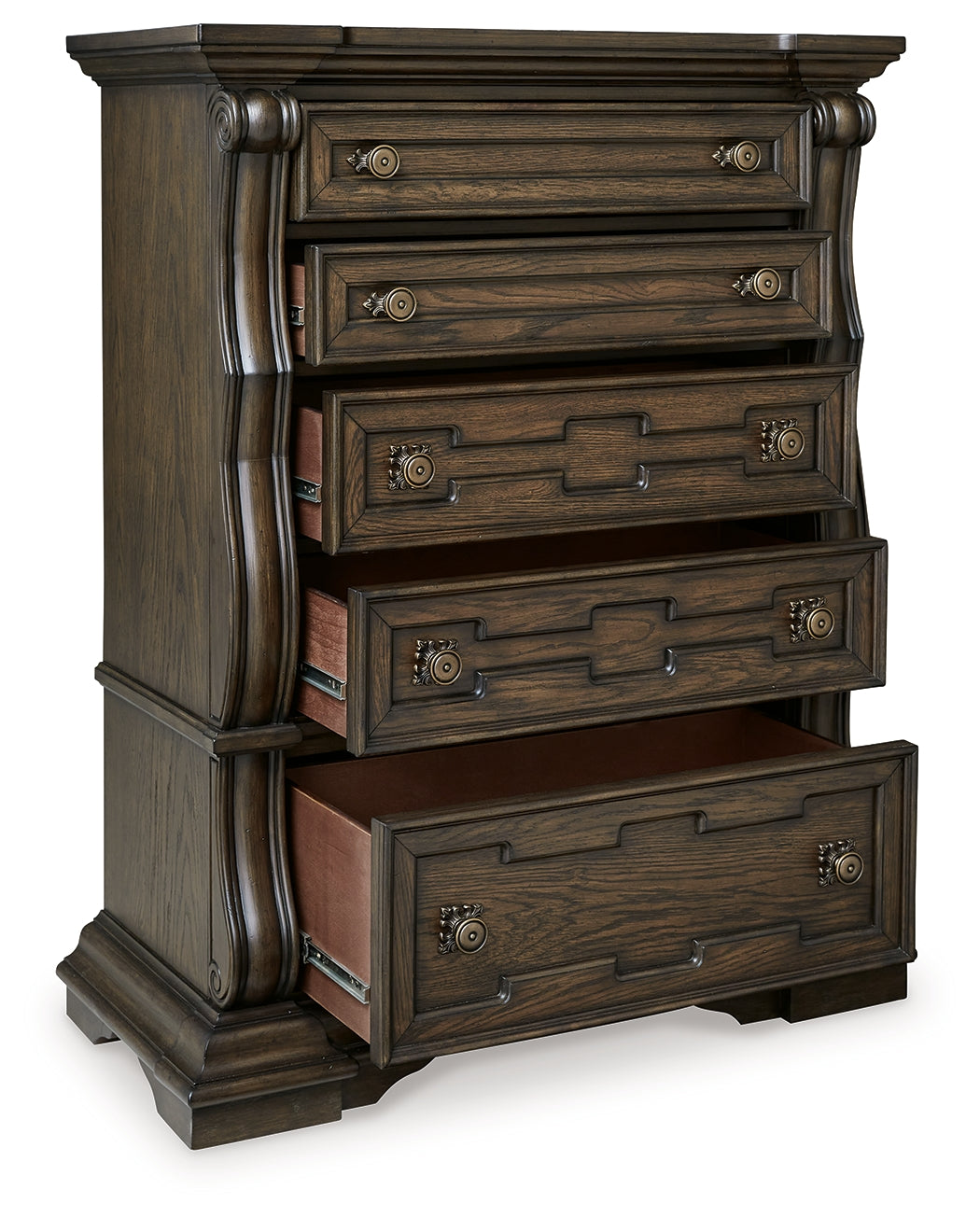 Maylee Dark Brown Queen Upholstered Bed with Mirrored Dresser and Chest from Ashley - Luna Furniture