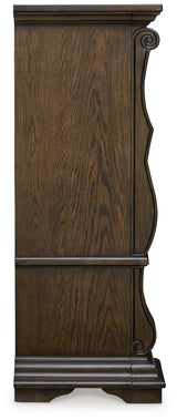 Maylee Dark Brown Queen Upholstered Bed with Mirrored Dresser and Chest from Ashley - Luna Furniture