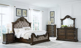 Maylee Queen Upholstered Bed with Mirrored Dresser and Nightstand in Dark Brown from Ashley - Luna Furniture