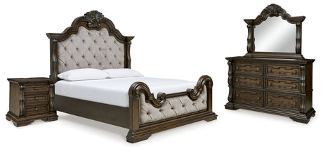 Maylee Queen Upholstered Bed with Mirrored Dresser and Nightstand in Dark Brown from Ashley - Luna Furniture