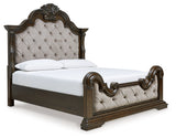 Maylee Queen Upholstered Bed with Mirrored Dresser and Nightstand in Dark Brown from Ashley - Luna Furniture