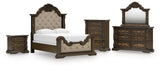 Maylee Dark Brown Queen Upholstered Bed with Mirrored Dresser, Chest and Nightstand from Ashley - Luna Furniture