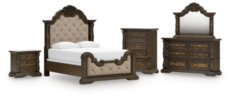 Maylee Dark Brown Queen Upholstered Bed with Mirrored Dresser, Chest and Nightstand from Ashley - Luna Furniture
