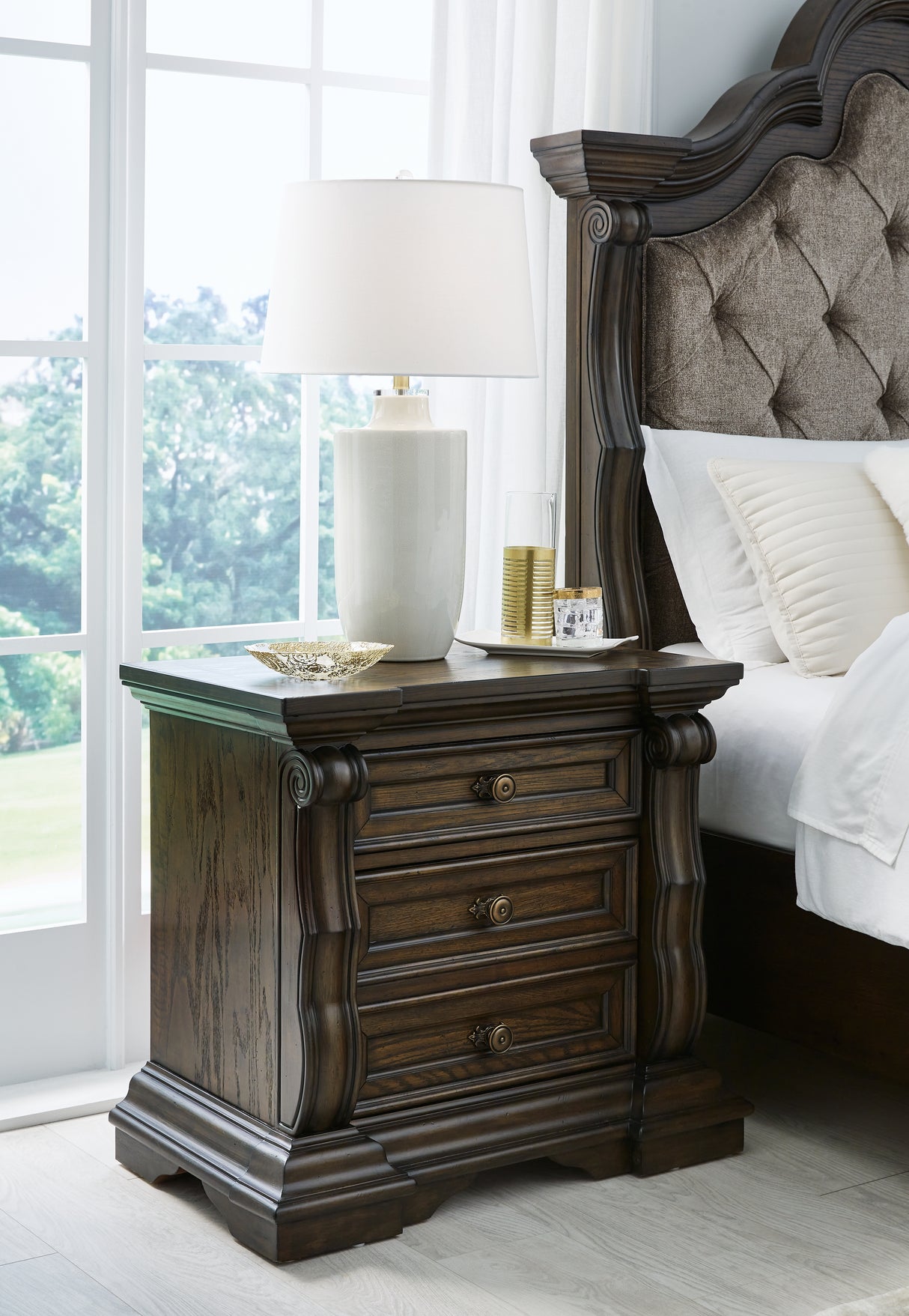Maylee Dark Brown Queen Upholstered Bed with Mirrored Dresser, Chest and Nightstand from Ashley - Luna Furniture