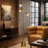 Lumina Brassed Gold Floor Lamp with Rotary Switch Triple Spots Metal Cone Base from Ashcroft Furniture - Luna Furniture