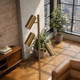 Lumina Brassed Gold Floor Lamp with Rotary Switch Triple Spots Metal Cone Base from Ashcroft Furniture - Luna Furniture