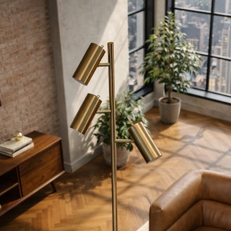 Lumina Brassed Gold Floor Lamp with Rotary Switch Triple Spots Metal Cone Base from Ashcroft Furniture - Luna Furniture
