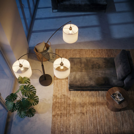 Royal 3-Arm Metal Arc Floor Lamp, Oil Rubbed Bonze with Linen Shade, 4 way Rotary Switch from Ashcroft Furniture - Luna Furniture