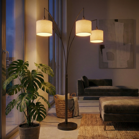 Royal 3-Arm Metal Arc Floor Lamp, Oil Rubbed Bonze with Linen Shade, 4 way Rotary Switch from Ashcroft Furniture - Luna Furniture