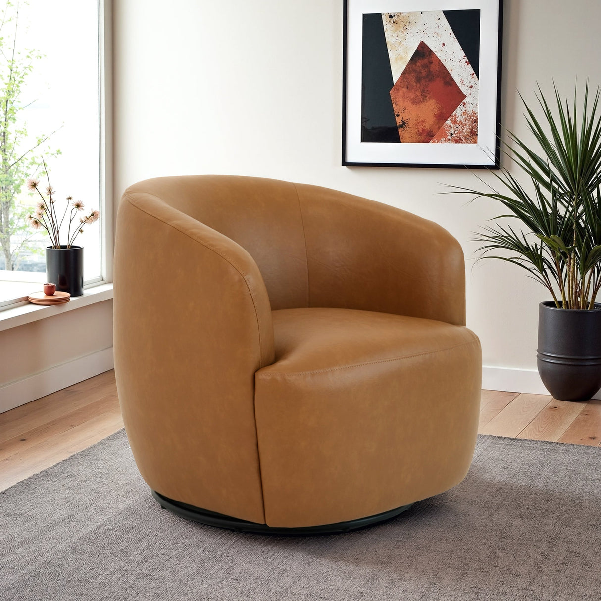 Mina Tan Vegan Leather Swivel Barrel Chair from Midinmod - Luna Furniture