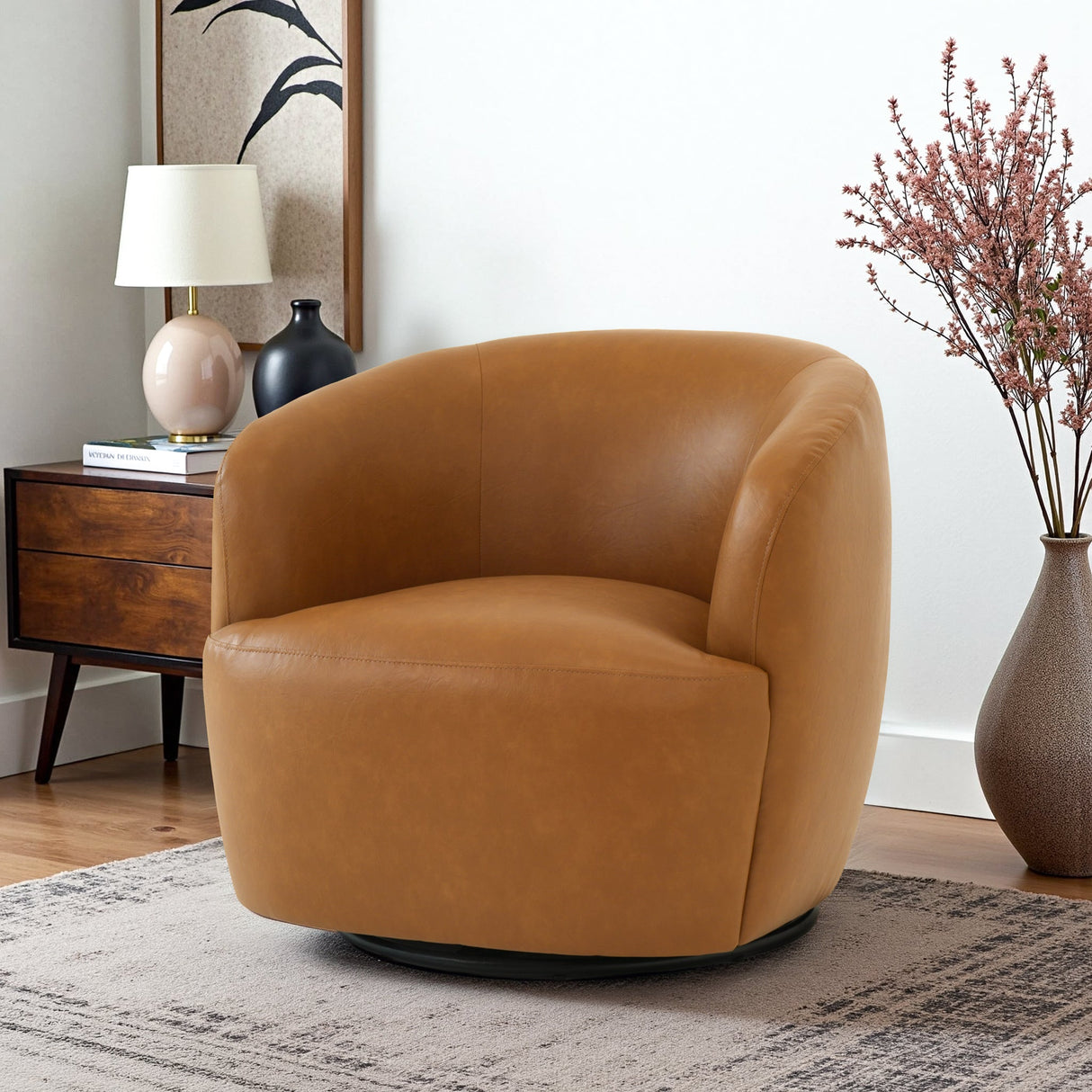 Mina Tan Vegan Leather Swivel Barrel Chair from Midinmod - Luna Furniture