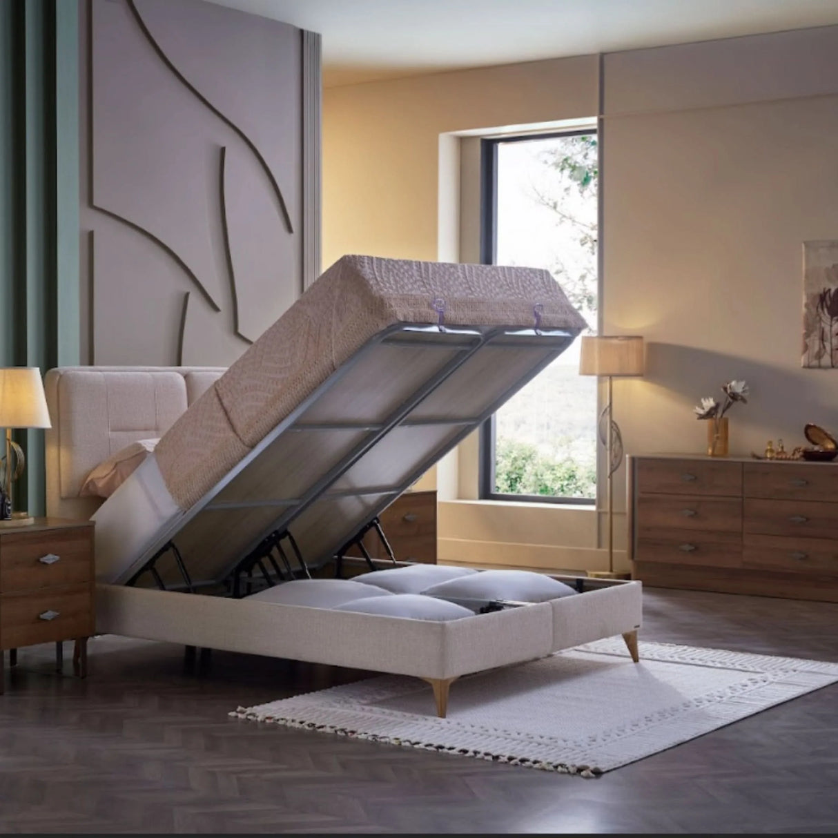 Mirante Cream King Lift Storage Bed from Bellona - Luna Furniture