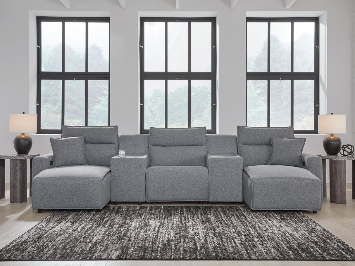 Modmax II Salt and Pepper 5-Piece Double Chaise Power Reclining Modular Sectional with 2 Consoles from Ashley - Luna Furniture
