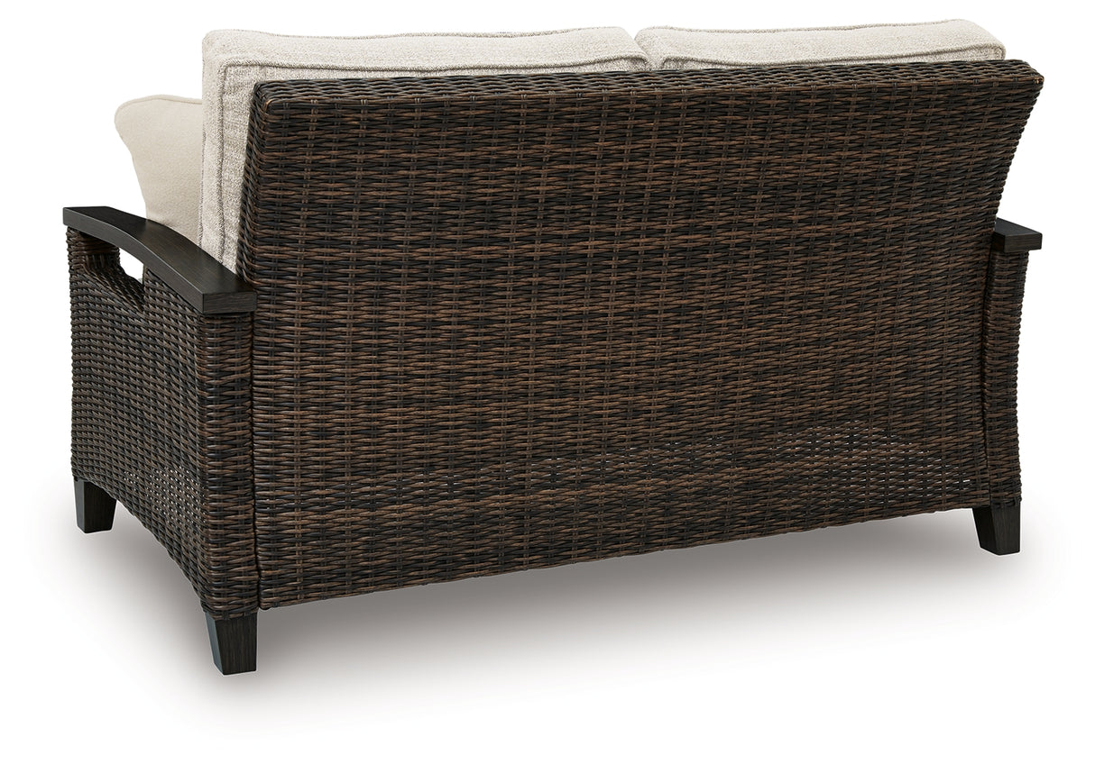 Monterey Point Dark Brown Outdoor Loveseat with Cushion from Ashley Furniture - Luna Furniture