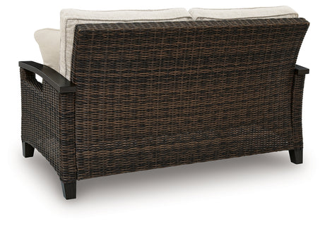 Monterey Point Dark Brown Outdoor Loveseat with Cushion from Ashley Furniture - Luna Furniture