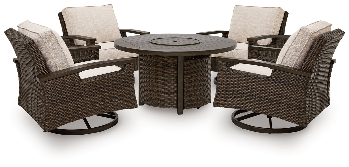 Monterey Point Outdoor Fire Pit Table and 4 Chairs in Dark Brown from Ashley - Luna Furniture