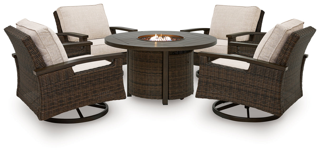 Monterey Point Outdoor Fire Pit Table and 4 Chairs in Dark Brown from Ashley - Luna Furniture