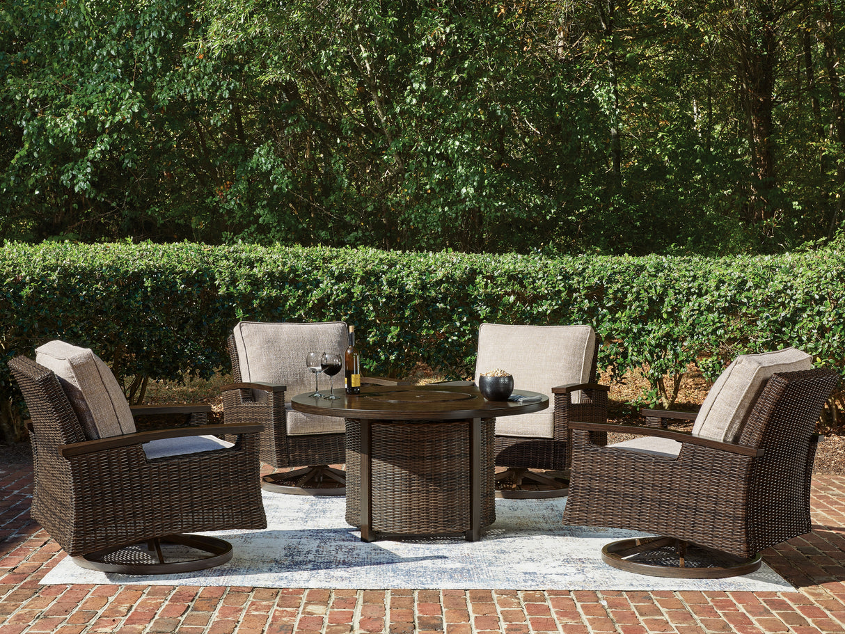 Monterey Point Outdoor Fire Pit Table and 4 Chairs in Dark Brown from Ashley - Luna Furniture