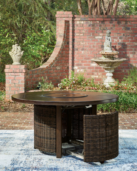 Monterey Point Outdoor Fire Pit Table and 4 Chairs in Dark Brown from Ashley - Luna Furniture