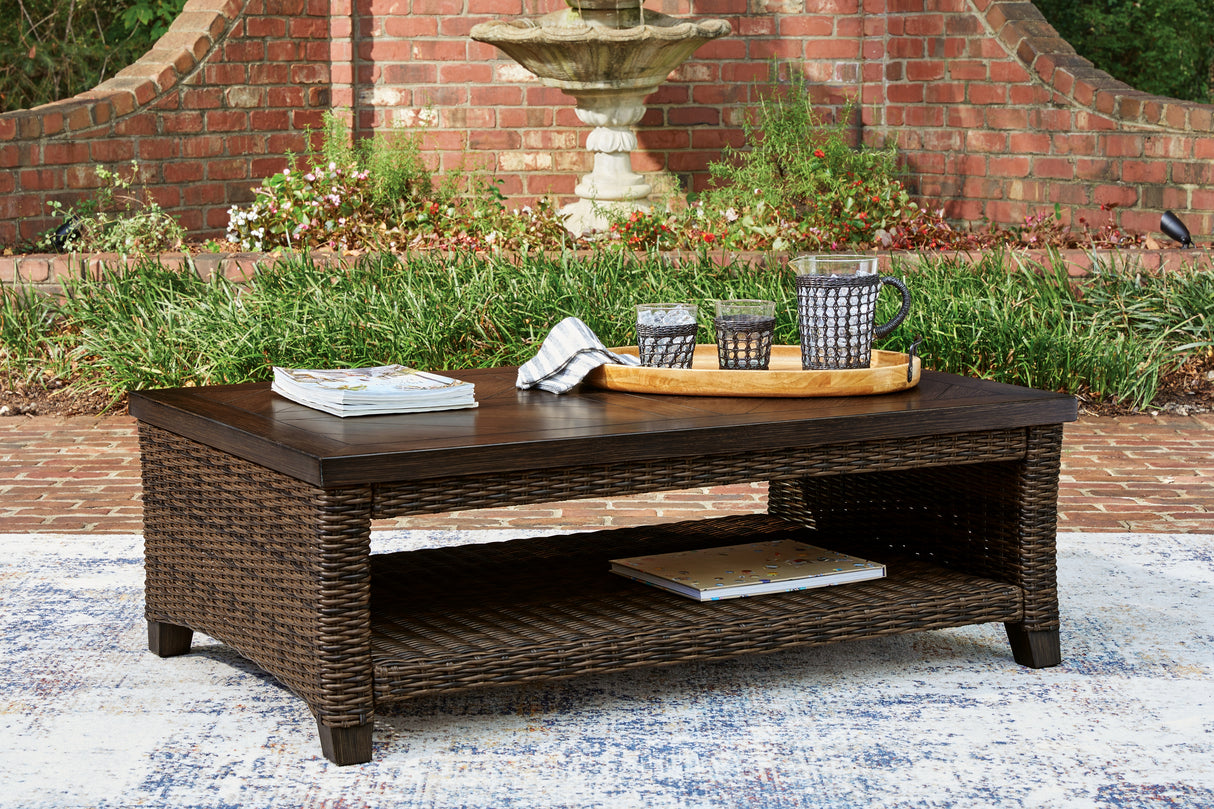 Monterey Point Outdoor Sofa and Loveseat with Coffee Table in Dark Brown from Ashley Furniture - Luna Furniture