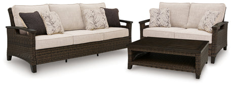 Monterey Point Outdoor Sofa and Loveseat with Coffee Table in Dark Brown from Ashley Furniture - Luna Furniture