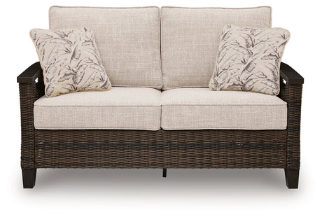 Monterey Point Outdoor Sofa and Loveseat with Coffee Table in Dark Brown from Ashley Furniture - Luna Furniture