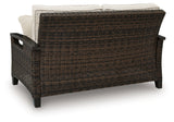 Monterey Point Outdoor Sofa and Loveseat with Coffee Table in Dark Brown from Ashley Furniture - Luna Furniture