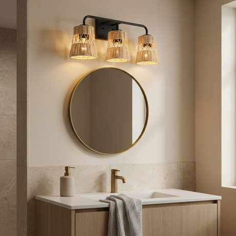 Moonlit Three Lights Wall Sconce With Rattan Shade, Bathroom Lighting Fixtures Over Mirror from Ashcroft Furniture - Luna Furniture