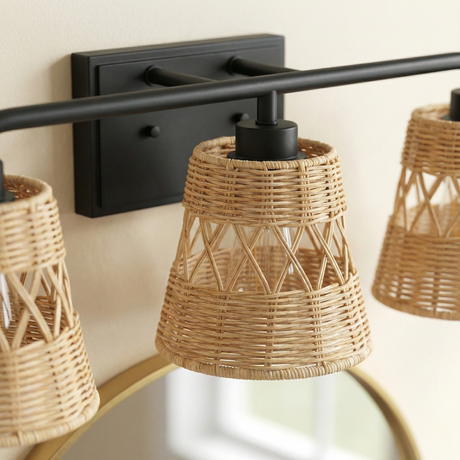 Moonlit Three Lights Wall Sconce With Rattan Shade, Bathroom Lighting Fixtures Over Mirror from Ashcroft Furniture - Luna Furniture