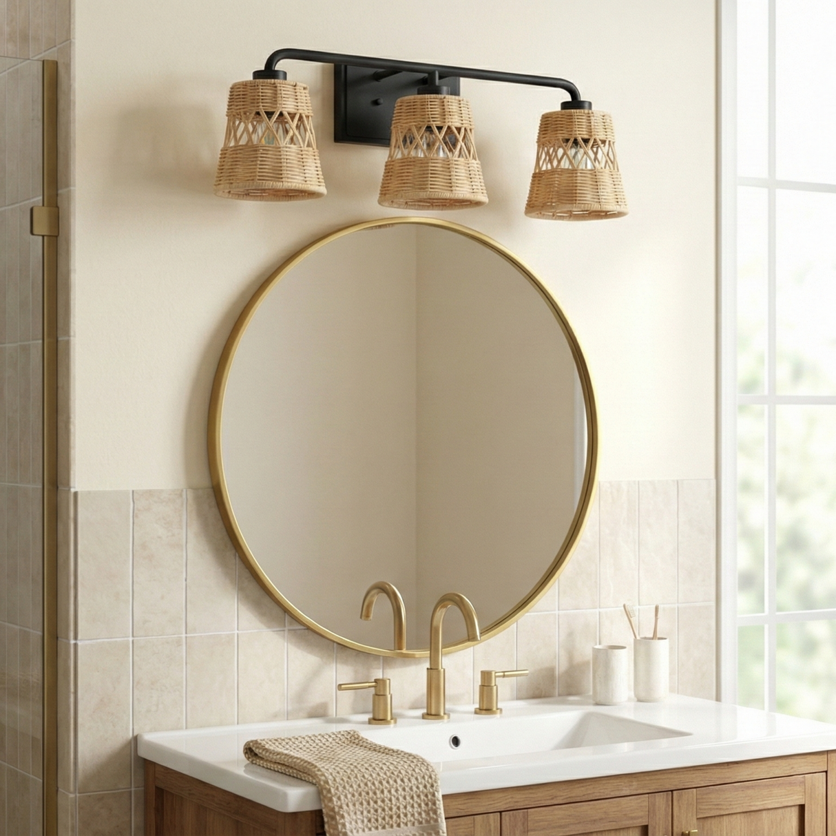 Moonlit Three Lights Wall Sconce With Rattan Shade, Bathroom Lighting Fixtures Over Mirror from Ashcroft Furniture - Luna Furniture