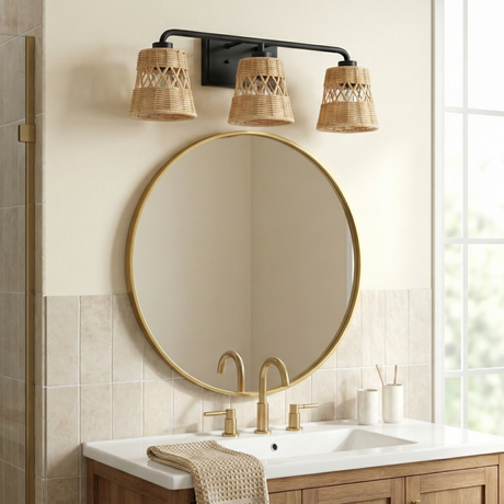 Moonlit Three Lights Wall Sconce With Rattan Shade, Bathroom Lighting Fixtures Over Mirror from Ashcroft Furniture - Luna Furniture