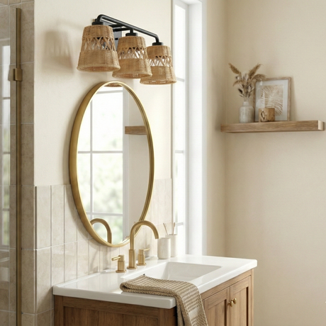 Moonlit Three Lights Wall Sconce With Rattan Shade, Bathroom Lighting Fixtures Over Mirror from Ashcroft Furniture - Luna Furniture