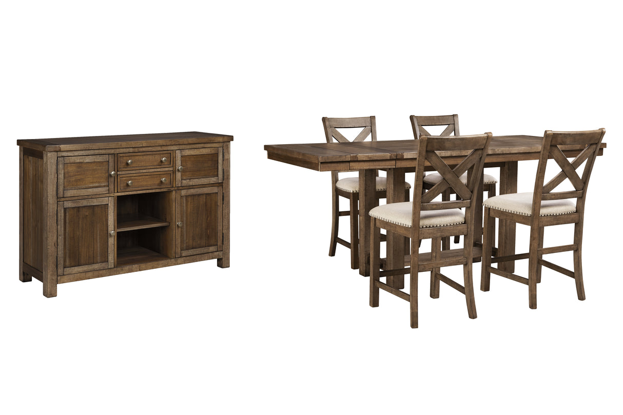Moriville Counter Height Dining Table and 4 Barstools with Storage in Grayish Brown from Ashley - Luna Furniture