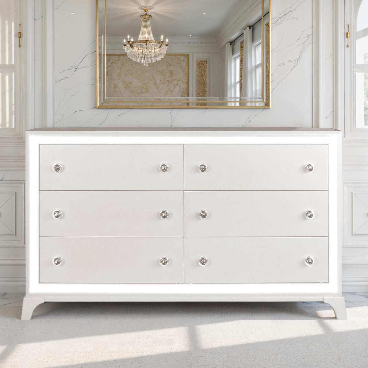 Cassie Illuminating Glam Dresser and Mirror, Shimmering Pearl Finish from Steve Silver - Luna Furniture