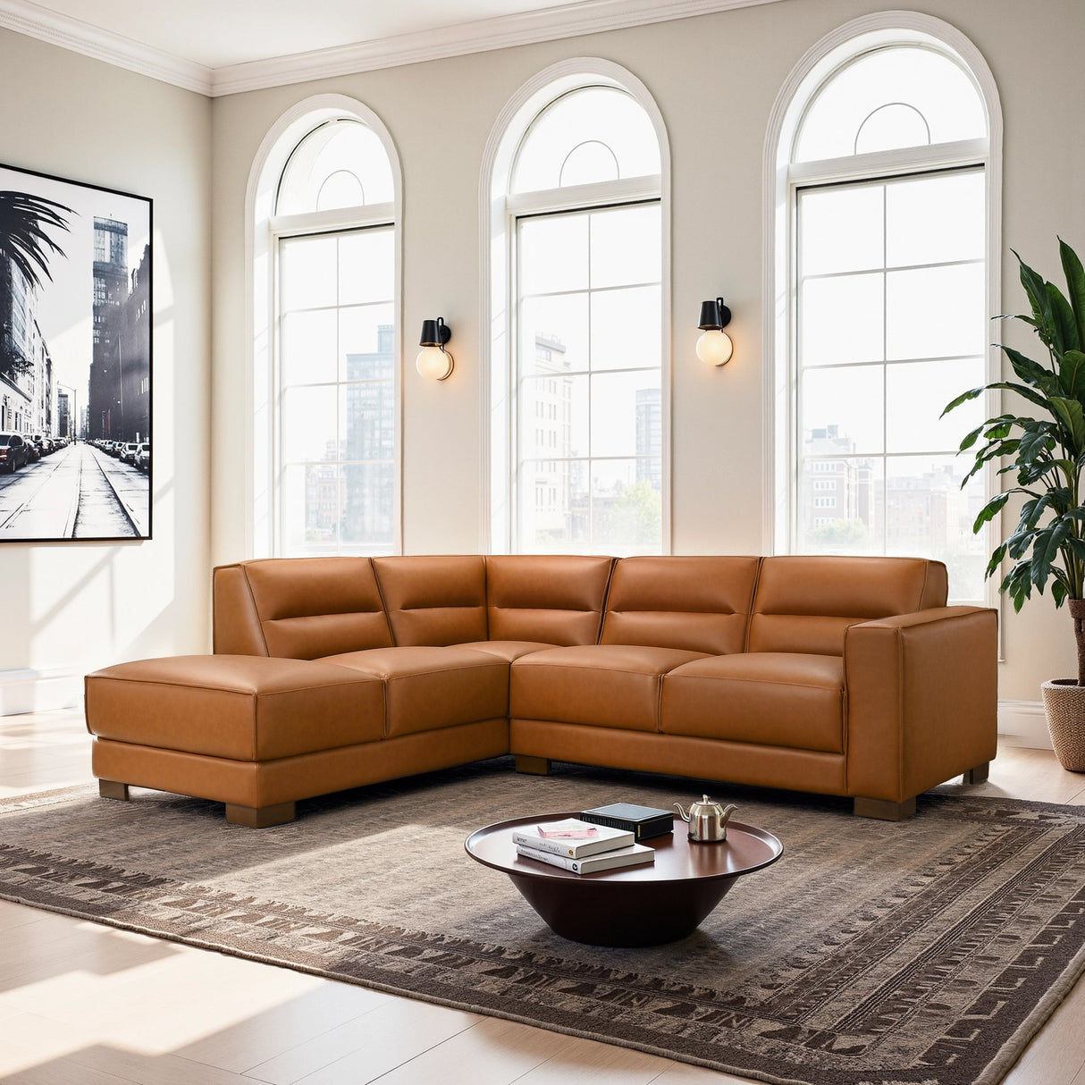 Muncie Cognac Vegan Leather LAF Sectional Sofa with Plush Cushions from Midinmod - Luna Furniture