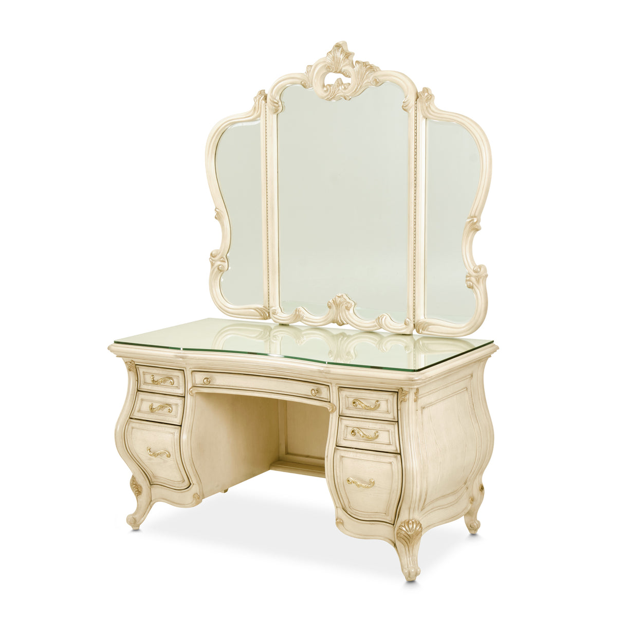 Platine De Royale Champagne Vanity With Mirror & Glass Top from Michael Amini - Luna Furniture
