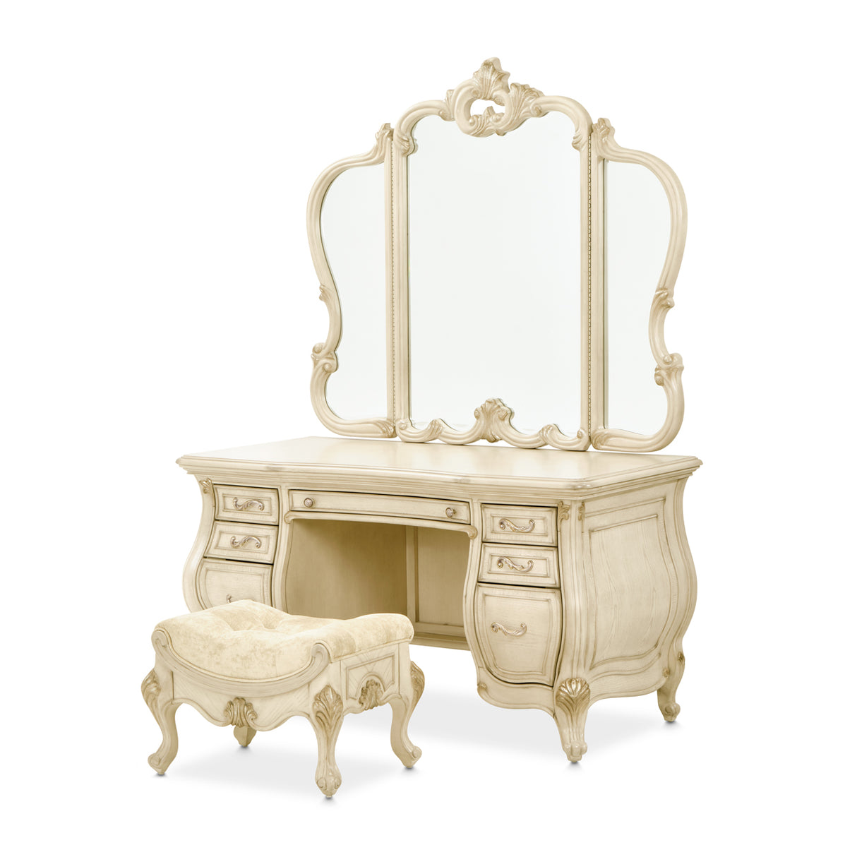 Platine De Royale Champagne Vanity With Mirror Glass Top & Bench from Michael Amini - Luna Furniture