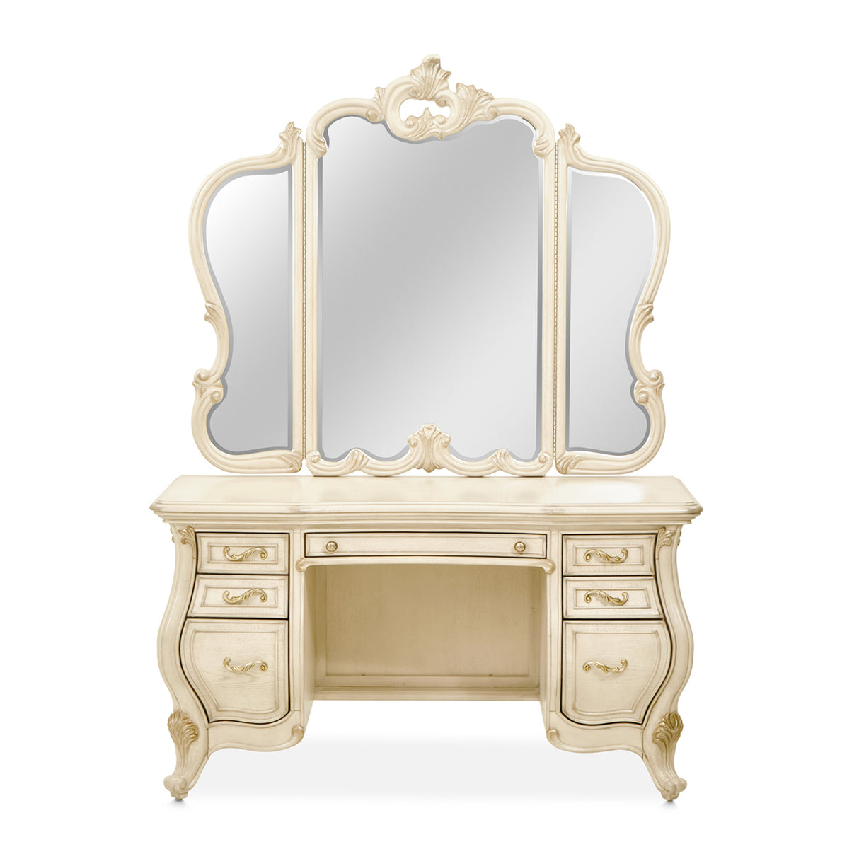 Platine De Royale Champagne Vanity With Mirror Glass Top & Bench from Michael Amini - Luna Furniture