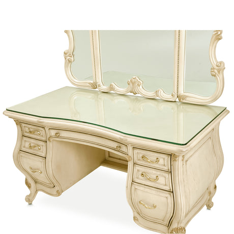 Platine De Royale Champagne Vanity With Mirror Glass Top & Bench from Michael Amini - Luna Furniture
