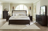 Neymorton King Upholstered Panel Bed with Mirrored Dresser and Chest in Dark Grayish Brown from Ashley - Luna Furniture