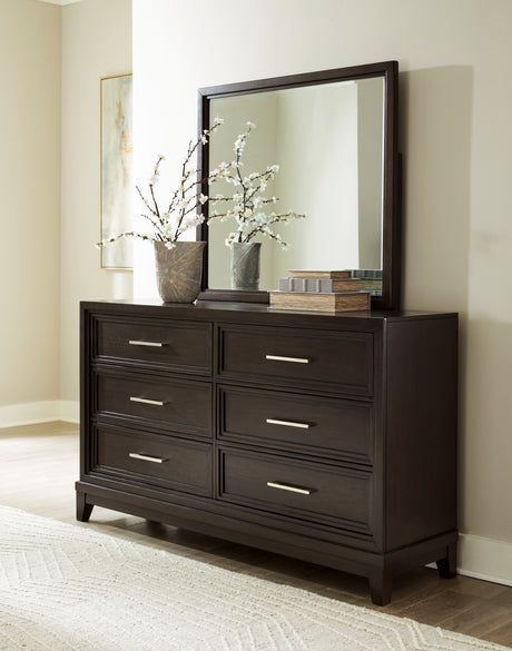 Neymorton King Upholstered Panel Bed with Mirrored Dresser and Chest in Dark Grayish Brown from Ashley - Luna Furniture